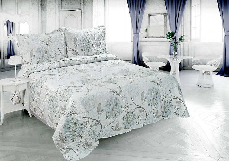 Marina Decoration Rich Printed Embossed Pinsonic Coverlet Bedspread Ultra Soft Bedding Summer Quilt Set with Shams, Blue Hydrangea Floral Pattern