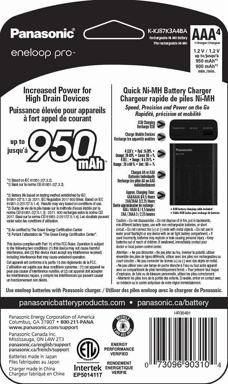 Panasonic Eneloop Chargeur de batterie individuel avec technologie de charge portable et 4 piles rechargeables AAA Eneloop Pro