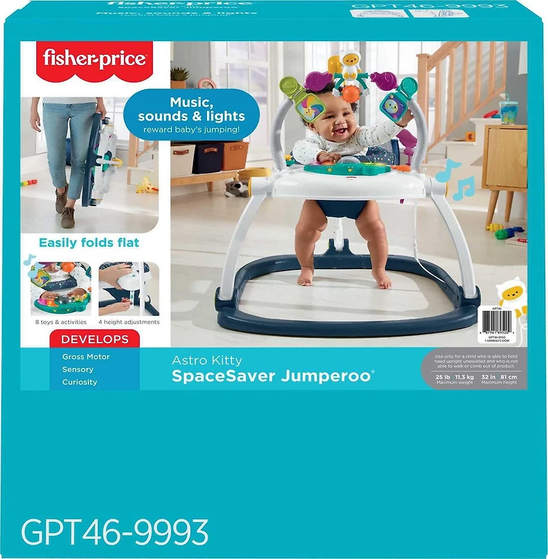 Fisher-Price Baby Bouncer Activity Center Jumperoo SpaceSaver with Lights & Sounds, Astro Kitty