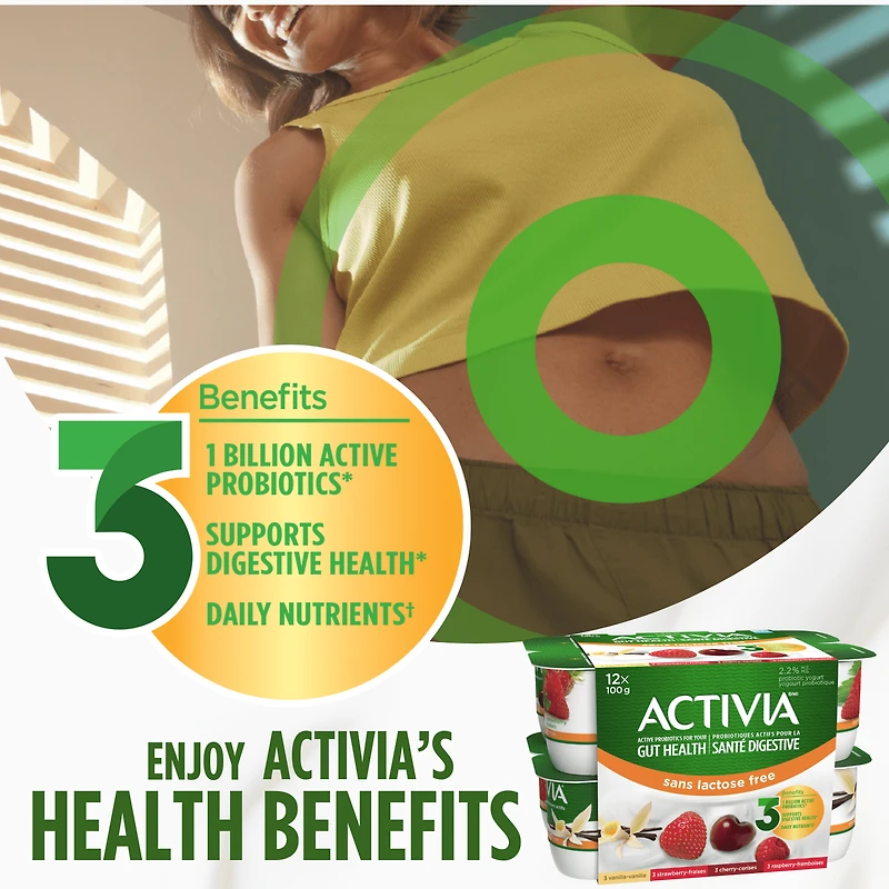 Activia Yogourt probiotique, sans lactose, saveur vanille / fraise / framboise / cerise, (emballage de 12) 12 x 100 g