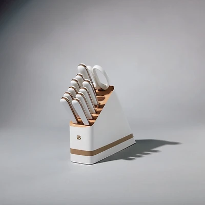 Beautiful 12 Piece Knife Block Set with Soft-Grip Ergonomic Handles White and Gold by Drew Barrymore
