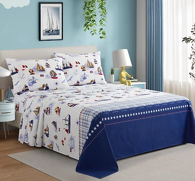 Marina Decoration Kids Boys Toddlers Cute Printed 600 Thread Count Soft Deep Pocket Cotton Blend Percale All Season Bedding Sheet Set