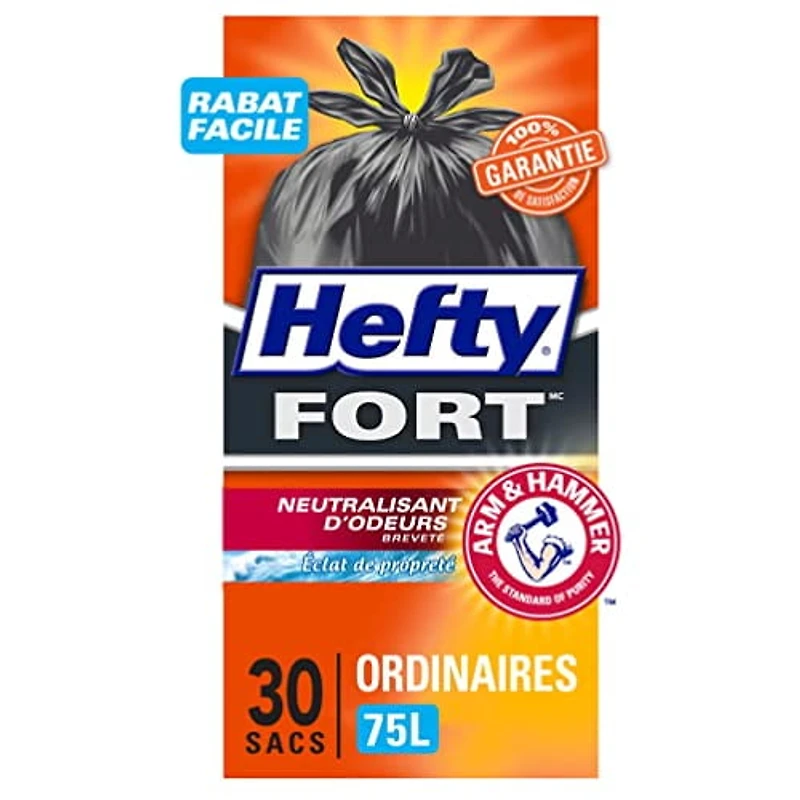 Hefty™ Lot de 30 sacs poubelle Strong Regular 75 litres noirs, EasyFlaps™, neutralisant les odeurs Arm & Hammer