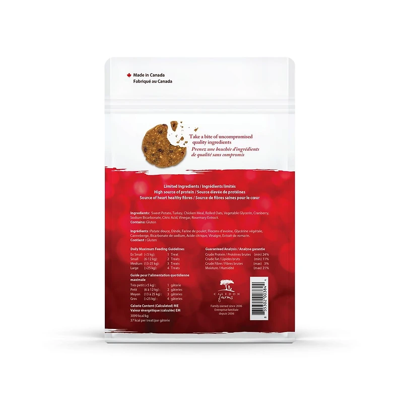 Biscuit protéiné des Fêtes entièrement naturel de Caledon Farms Dinde/Canneberge 270 g Friandises moelleuses pour le dressage ou la récompense des chiens