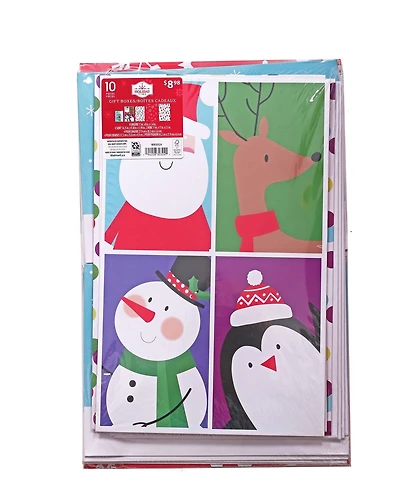 Holiday Time 10 Pack Assorted Gift Boxes, Santa and Characters, Multicolor Dots, Snowflakes, and Whimsical Trees