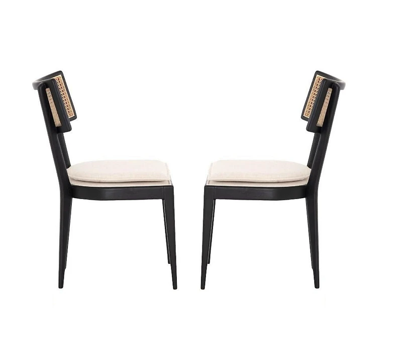 Chaise de salle à manger Claudette en noir-naturel, chaise de salle à manger en bois massif, chaise de salle à manger en rotin naturel, siège rembourré, chaise de salle à manger rembourrée - Lot de 2