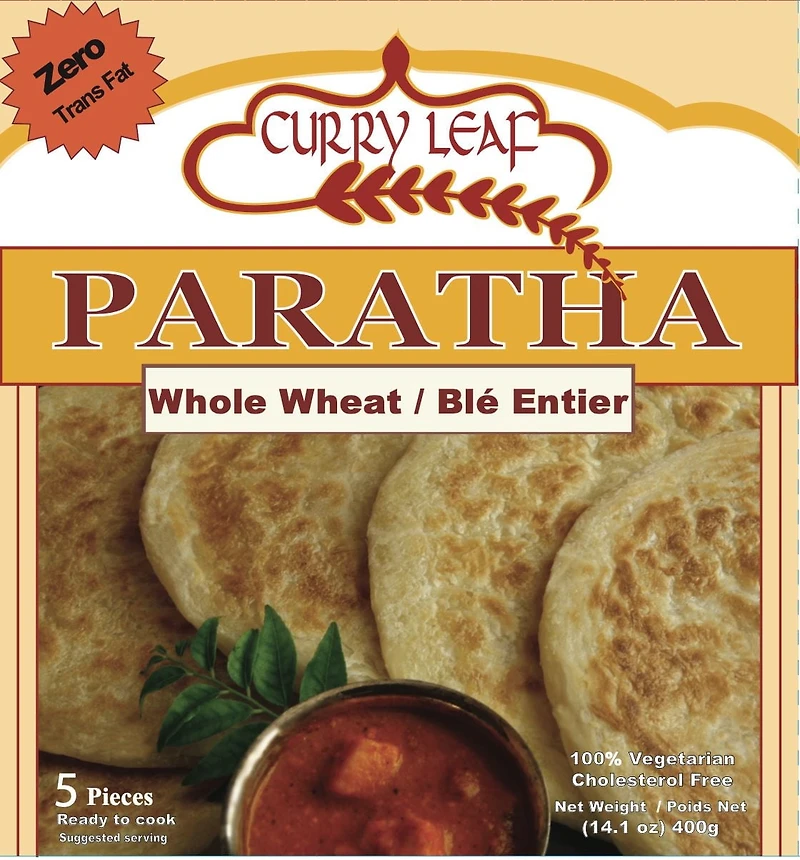 Curry Leaf Whole Wheat Paratha (frozen layered flat bread), 5 pieces x 80 gm.