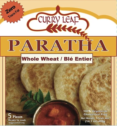 Curry Leaf Whole Wheat Paratha (frozen layered flat bread), 5 pieces x 80 gm.
