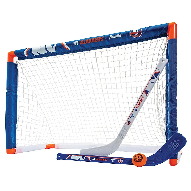 Franklin Sports Ensemble de mini hockey Islanders de la NHL – But de hockey intérieur pour enfants, ballon, 2 mini bâtons de hockey