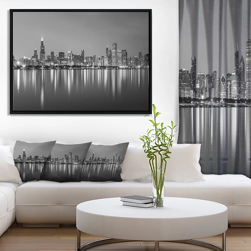 Design Art Chicago Skyline at Night Black And White Framed Canvas Art Print