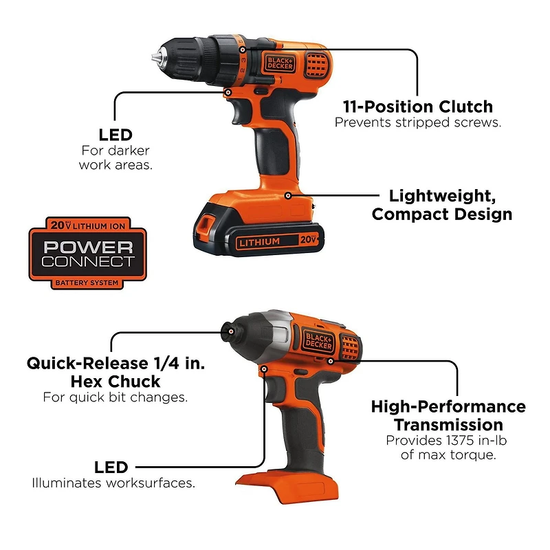 Ens. combiné de perceuse/visseuse et tournevis BD2KITCDDI de Black & Decker à choc 20 V MAX lithium ion Comprend une perceuse/visseuse, un tournevis à choc, une batterie 20 V MAX lithium ion et un chargeur