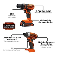 Ens. combiné de perceuse/visseuse et tournevis BD2KITCDDI de Black & Decker à choc 20 V MAX lithium ion Comprend une perceuse/visseuse, un tournevis à choc, une batterie 20 V MAX lithium ion et un chargeur