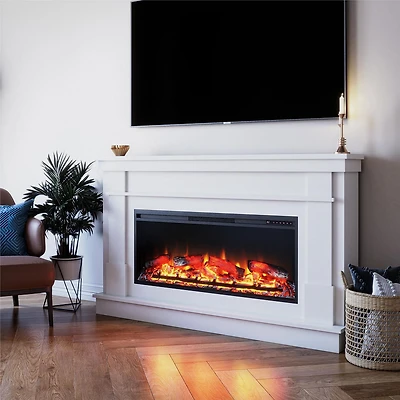 Large manteau de cheminée avec foyer électrique linéaire Elmcroft d’Ameriwood Home, blanc