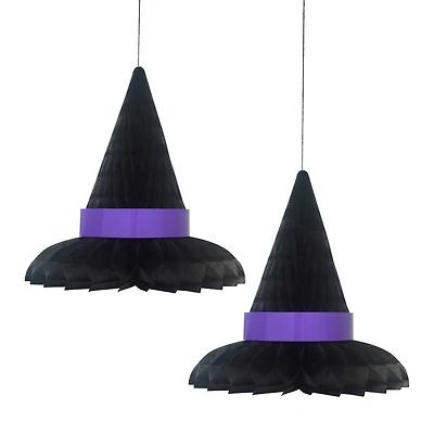 Halloween Black and Purple Witch Hat Paper Hanging Decoration, 2 Count, 8",  Way To Celebrate