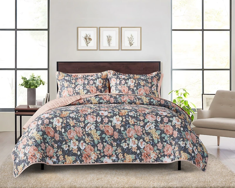 Mainstays Ensemble courtepointe et drap-housse légers tout-en-un - 7pièces, Grand Lit, Floral Gris