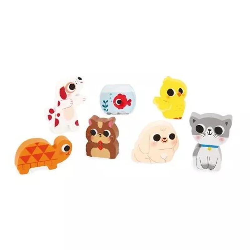 JANOD - Chunky Puzzle Familiar Animals - FSC Wood - 7 pieces - Fine Motor Skills Development, Concentration, and Imagination - From 18 Months