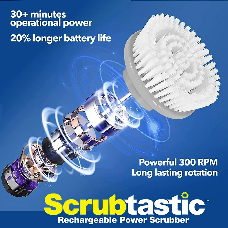 Bell + Howell Scrubtastic Rechargeable Power Scrubber with Extension Handle and 3 Brush Heads for Bathroom, Tile, and Kitchen Cleaning