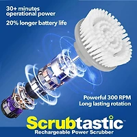 Bell + Howell Scrubtastic Rechargeable Power Scrubber with Extension Handle and 3 Brush Heads for Bathroom, Tile, and Kitchen Cleaning