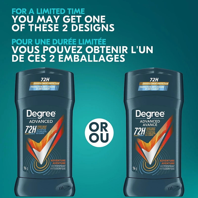 Degree Men Advanced Antiperspirant Stick for 72H Sweat & Odour Protection, Adventure, Deodorant with MotionSense Technology, 76g