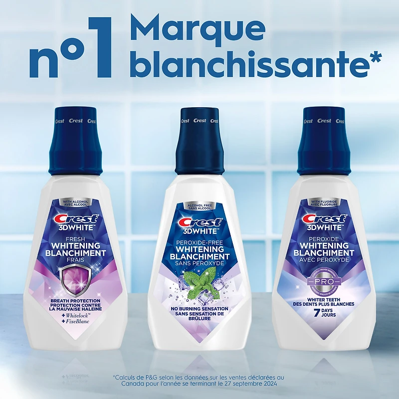Rince-bouche blanchissant Crest3DWhite Fraîcheur, prévient les taches de surface, tue des millions de germes responsables de la mauvaise haleine, sans alcool, saveur Menthe arctique, 946mL (32ozliq.) 946ML