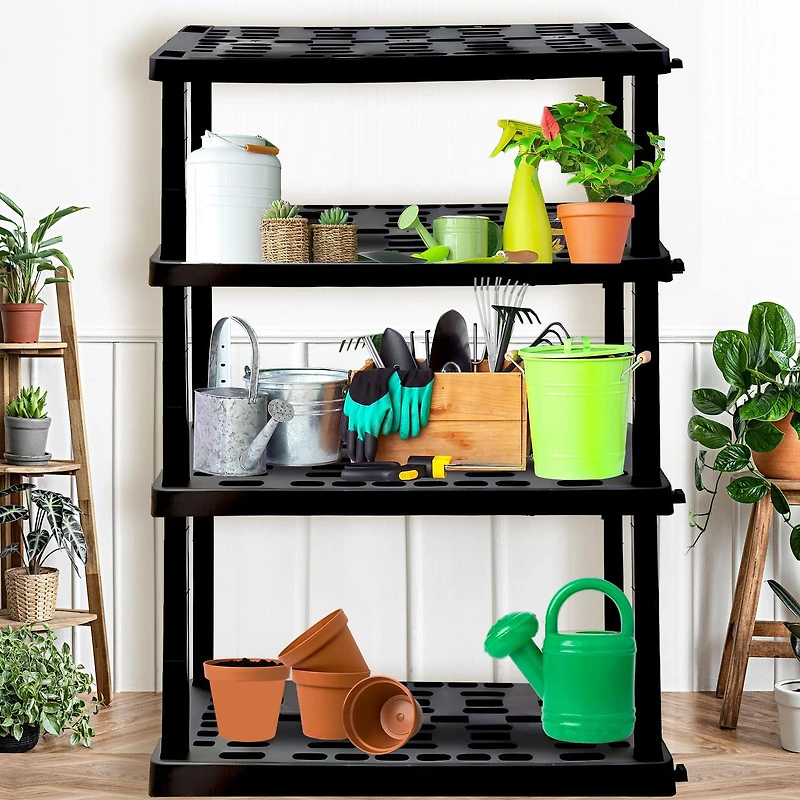 Hyper Tough Plastic Shelves Garage Shelf Basement Storage 4-Tier W36 x D18 x H56" Black Total Capacity 600 lb