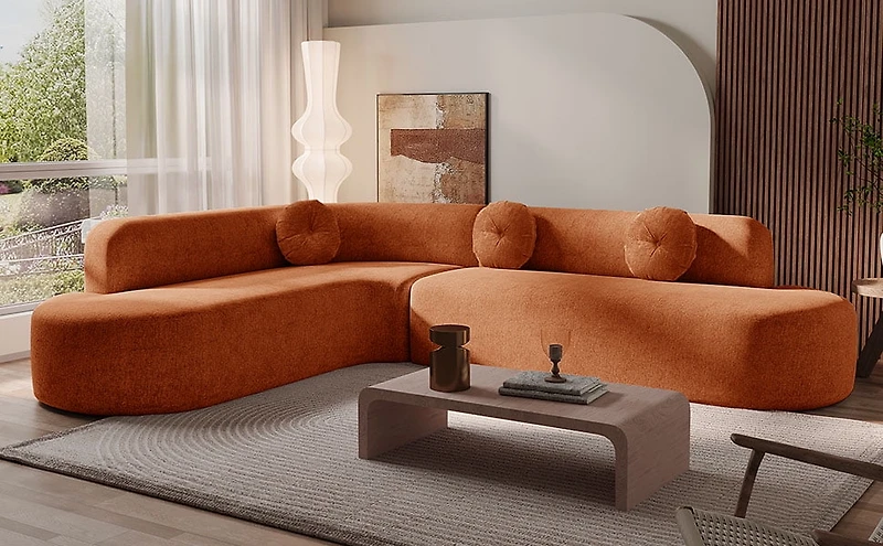 Canapé d'angle extra large Noble House 122'', revêtement en tissu doux, design incurvé élégant, orange