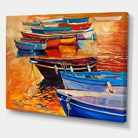 Designart Bateaux dans le port pendant le coucher du soleil chaud de Colourd I Art mural sur toile