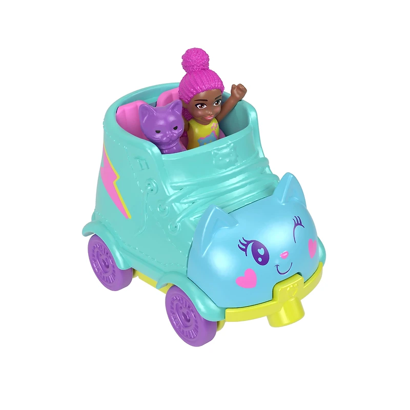 Polly Pocket Vehicle Set, Micro Doll with Roller Skate Theme Die-cast Car & Pet Cat Figure