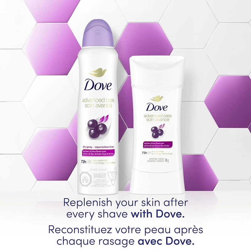 Antisudorifique désodorisant pour femme Dove Soin Avancé Parfum de Baie d'Açaï et Fleur de Lotus avec technologie pro-céramides pour une peau douce et résistante 74g