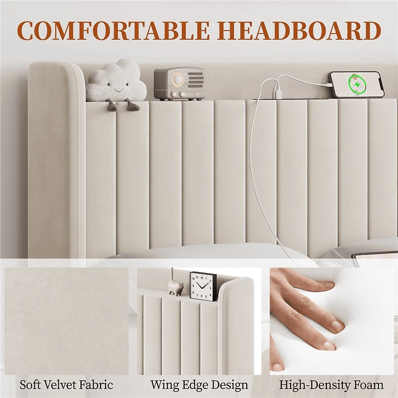 Fullfurnique Cadre de Lit Capitonné en Velours avec Prises de Courant et Ports USB, Double, Beige