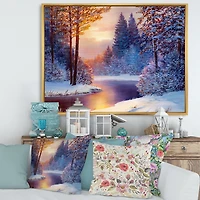 Designart Rivière sinueuse avec des silhouettes d'arbres bleu foncé ART MURAL À CADRE FLOTTÉ