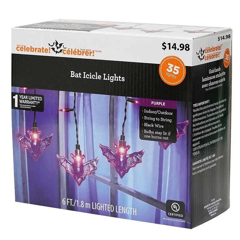 Way to Celebrate - Lumières d'Halloween en glaçons de chauve-souris pourpres, 35 pièces