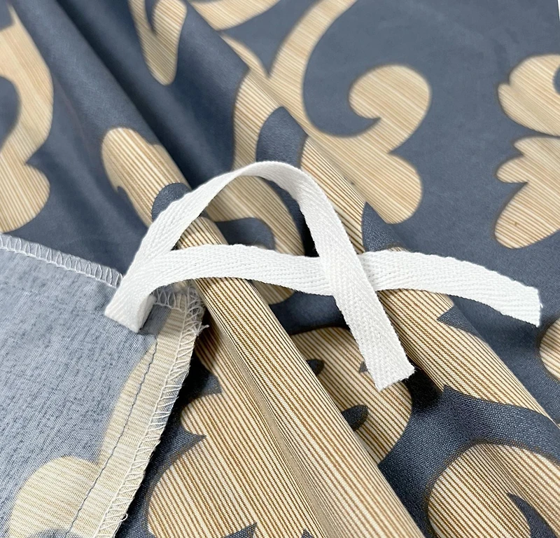 Marina Decoration Soft Silky Rich Printed Rayon from Bamboo All Season Duvet Cover Fitted Sheet Ensemble Bedding Set with Zipper and Corner Tie, Gold Damask Navy Blue Pattern