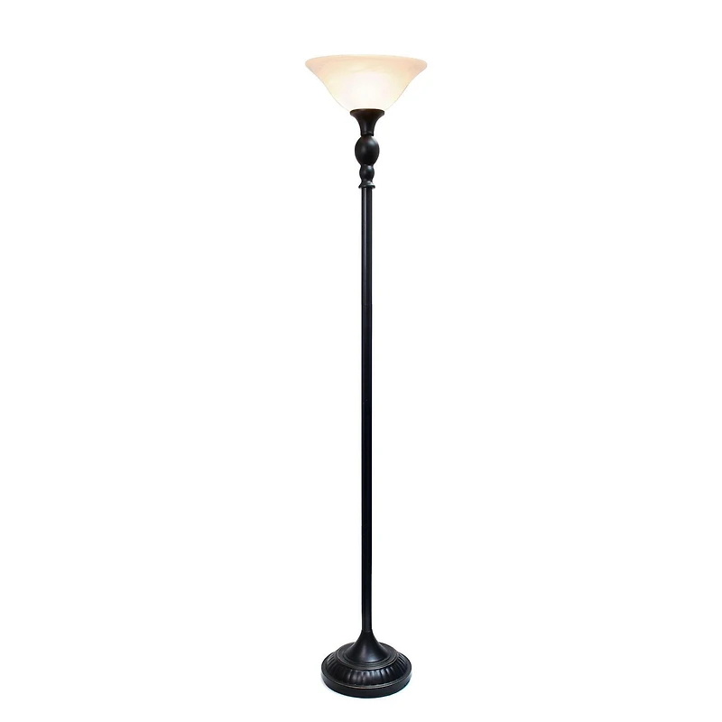 Lampadaire Torchiere Elegant Designs à 1 Lumière avec Abat-Jour en verre marbré blanc, bronze et blanc