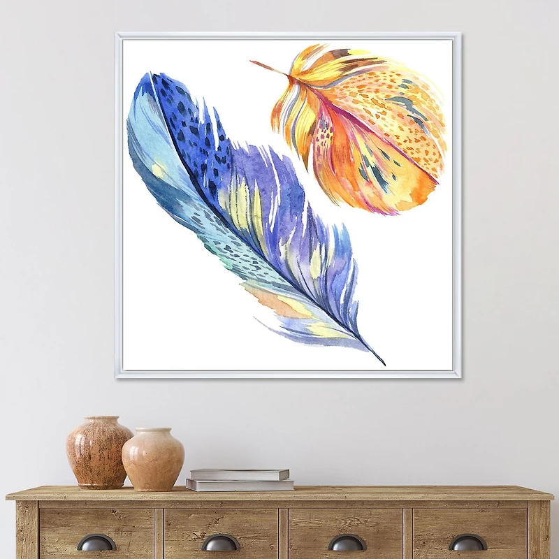 Designart Plume d'oiseau bleu coloré de l'aile ART MURAL À CADRE FLOTTÉ