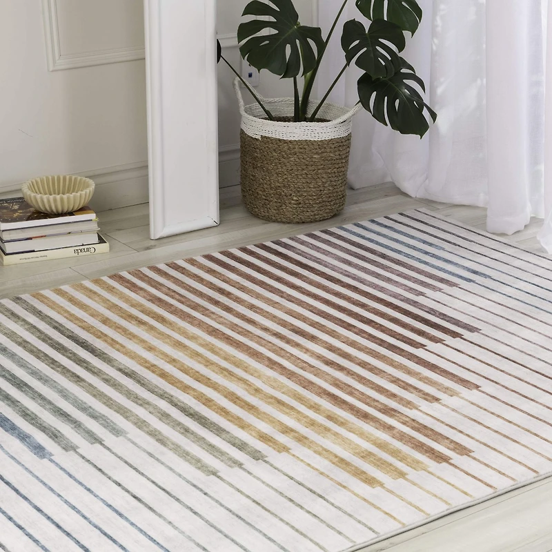 Tapis d'interieur a rayures colorees Eclipse Branch, arc-en-ciel, blanc beige, abstrait - Salon, chambre, salle a manger et bureau<br>