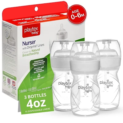 Playtex Baby® Anti-Colic, Reduce Gas, Air Free Nurser Bottle with 15 Pre-Sterilized Disposable Drop-Ins Liners, Closer to Breastfeeding, 4oz Bottles, 3 Count