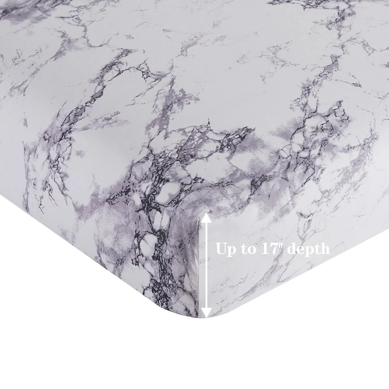 Marina Decoration Printed 600 Thread Count Soft Deep Pocket Hotel Standard Long Staple Cotton Blend Percale All Season Bedding Sheet Set, White Marble Pattern