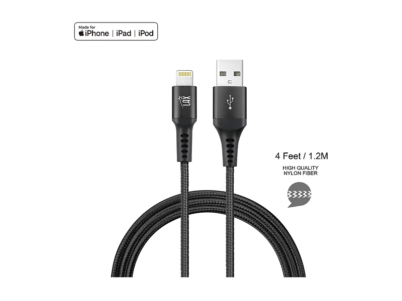 LAX MFi Certified Durable Braided Nylon Charge/Sync Lightning Cables 4ft, Noir
