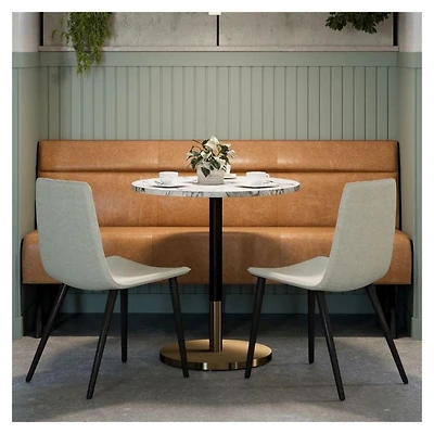 Round Dining Table combines timeless elegance with contemporary design.Luxurious faux marble top, brushed gold detailing, and a sturdy matte black base.