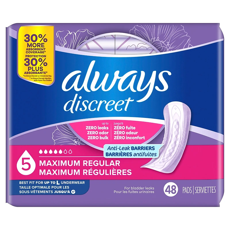 Serviettes d’incontinence Always Discreet pour femmes adultes, absorption maximale, régulières, serviettes de post-partum, 48 serviettes