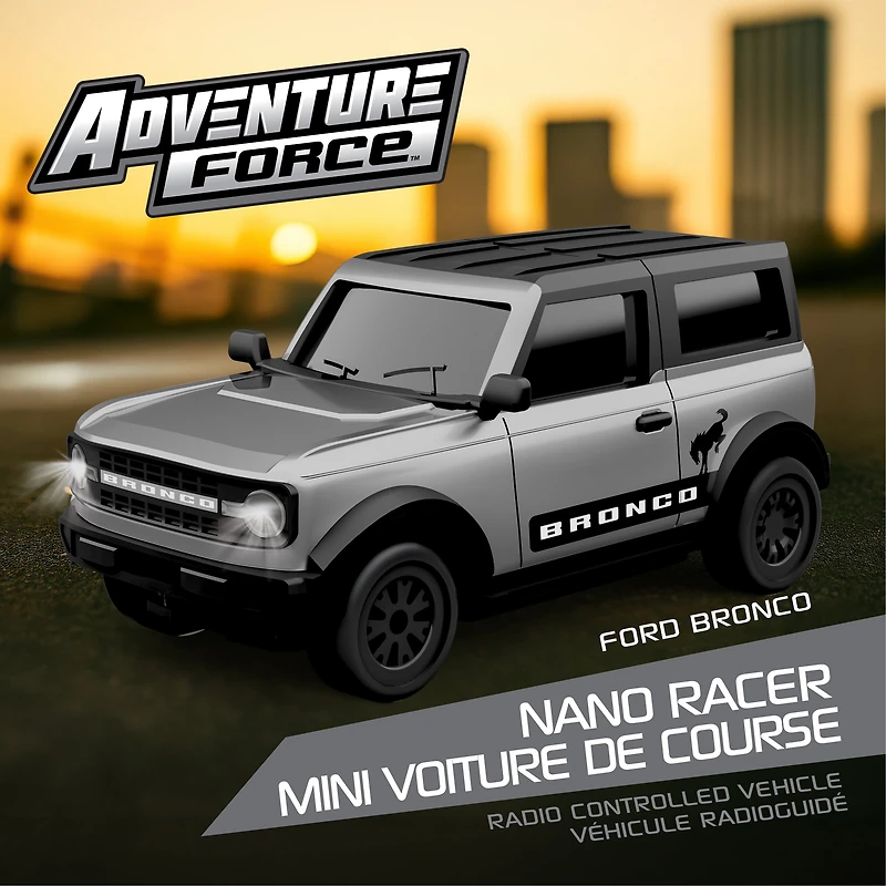 Adventure Force 1:64 Scale RC Nano Racer Ford Bronco Grey, Rechargeable Mini Remote Control Car with Lights – Red, Ages 6+
