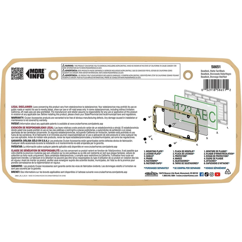 Cadre de plaque d’immatriculation Cruiser Accessories verrou de talon, havane mat/noir Cadre plaque immat