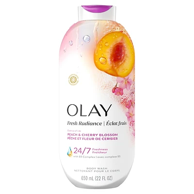 Olay Nettoyant pour le Corps Éclat Frais à l'Essence de Pêche et de Fleur de Cerisier, Vitamine B3 et Mélange d'Antioxydants