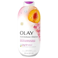 Olay Nettoyant pour le Corps Éclat Frais à l'Essence de Pêche et de Fleur de Cerisier, Vitamine B3 et Mélange d'Antioxydants