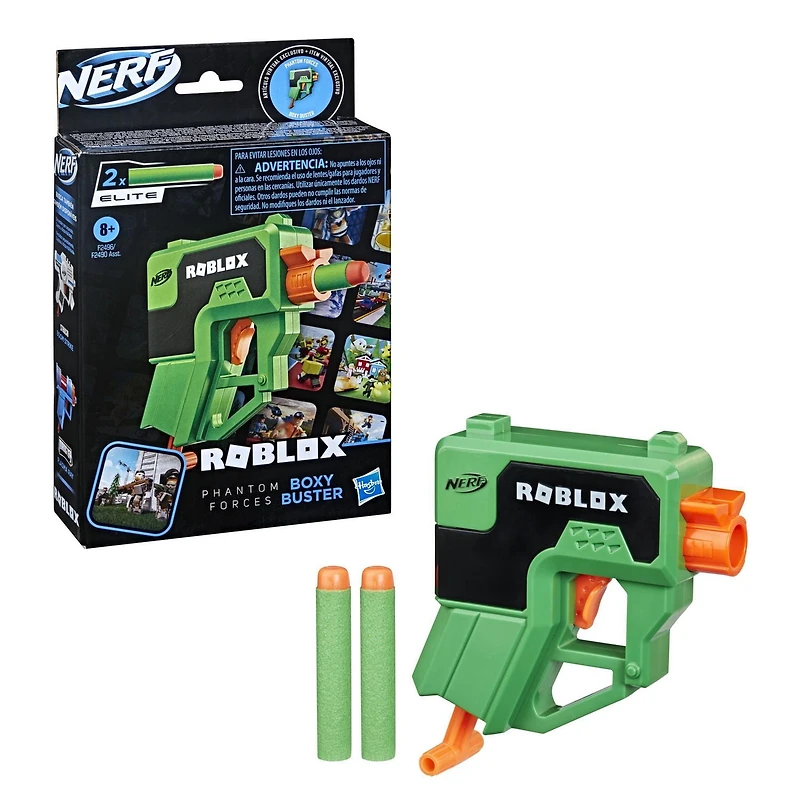 Nerf Roblox Phantom Forces : Boxy Buster Dart Blaster, poignée d'amorçage rétractable, 2 fléchettes Nerf Elite, code pour débloquer un objet virtuel dans le jeu