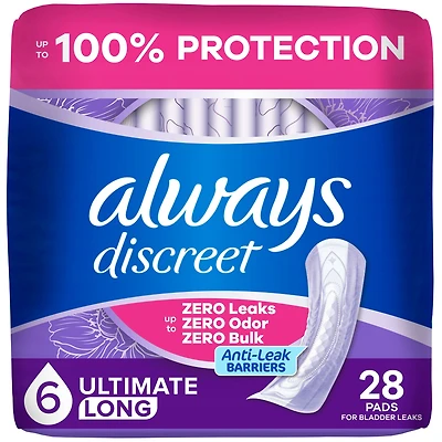 Serviettes d’incontinence Always Discreet pour femmes adultes, degré d’absorption suprême, longues, serviettes de post-partum, 28 serviettes
