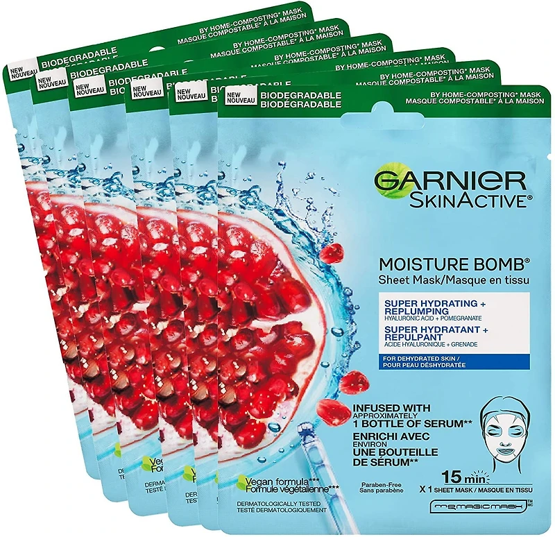 Garnier Moisture Bomb Face Mask, Super Hydrating Sheet Mask with Hyaluronic Acid and Pomegranate, SkinActive, 6 Pack