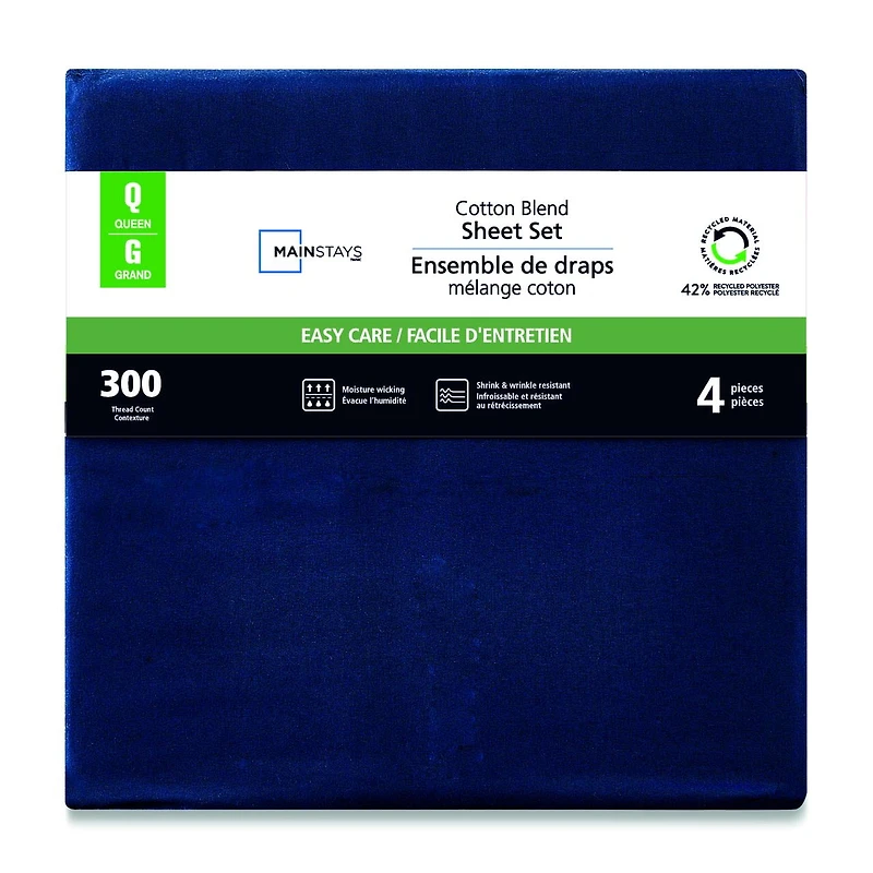 Mainstays 4-Piece 300 Thread Count Blue - CVC Cotton Blend Bed Sheet Set, King (Adult)