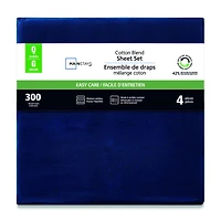 Mainstays 4-Piece 300 Thread Count Blue - CVC Cotton Blend Bed Sheet Set, King (Adult)